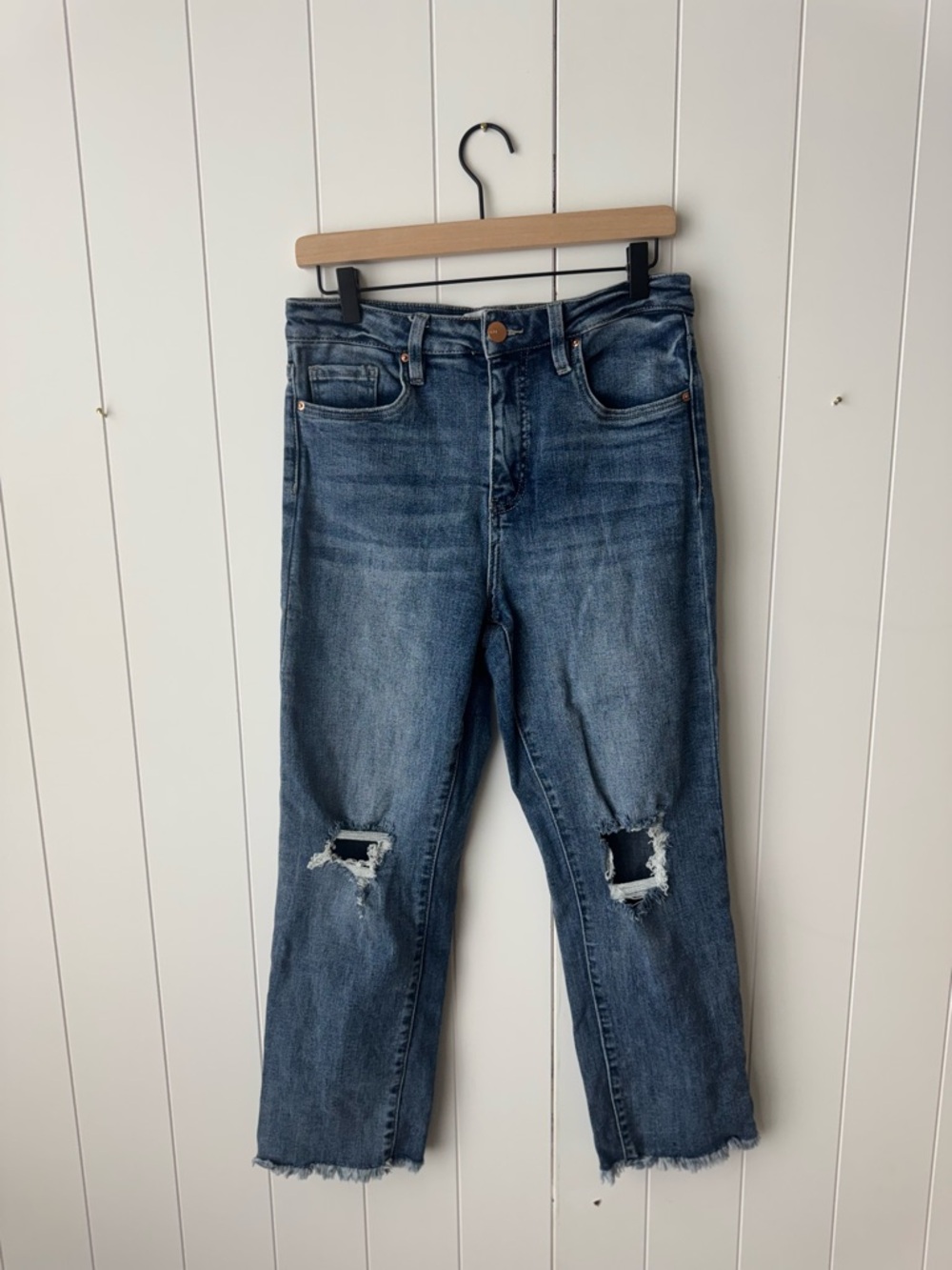 Tummy Control Straight Leg Jeans by RFM 9/29 Distressed Frayed Hem Stretch